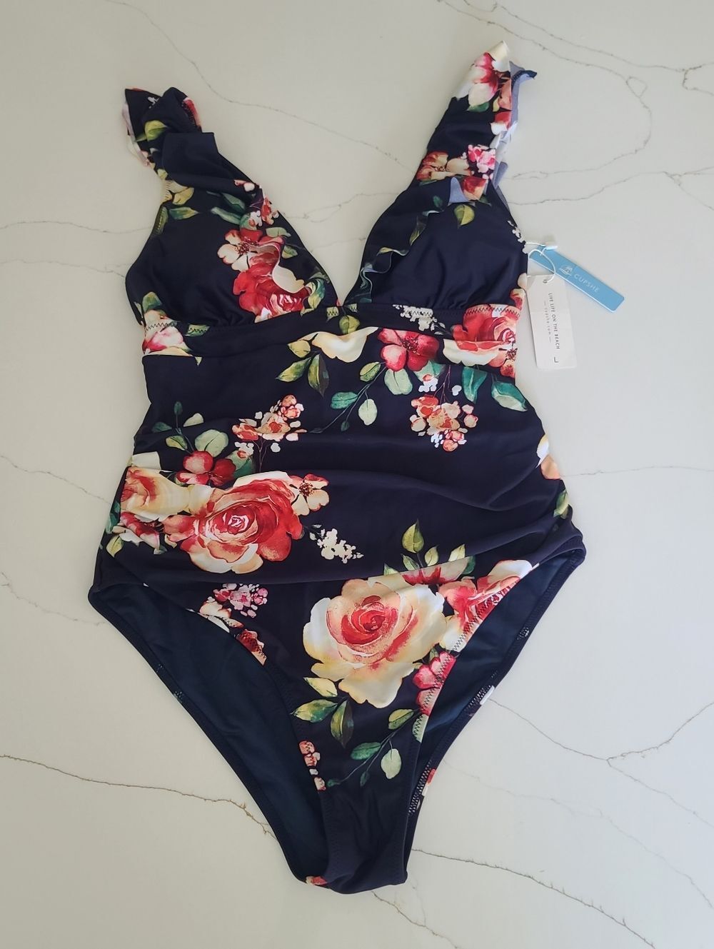 Cupshe Women's One-Piece Navy Blue Floral Swimsuit Size L New
